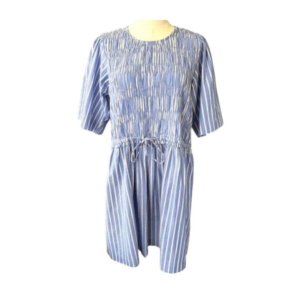 Apiece Apart Adorna Smocked Striped Cotton Mini Dress Blue White Size Medium - Picture 3 of 9